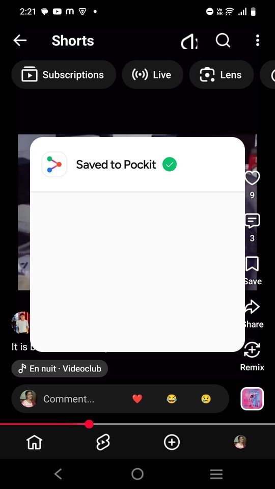 Saving a YouTube Short to Pockit